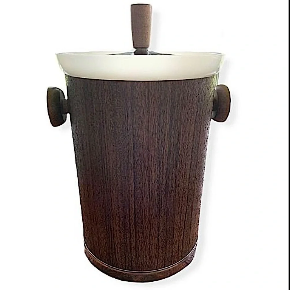 Kromex Mid Century Modern Faux Wood Ice Bucket with Wood Handles and Top